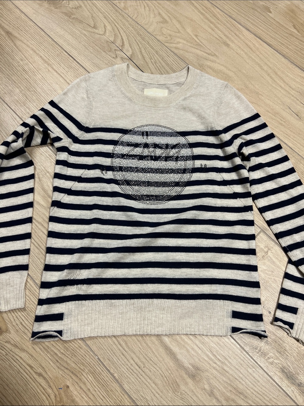 Zadig & Voltaire Cream and Navy Striped Crew Sweater with Embellished Logo